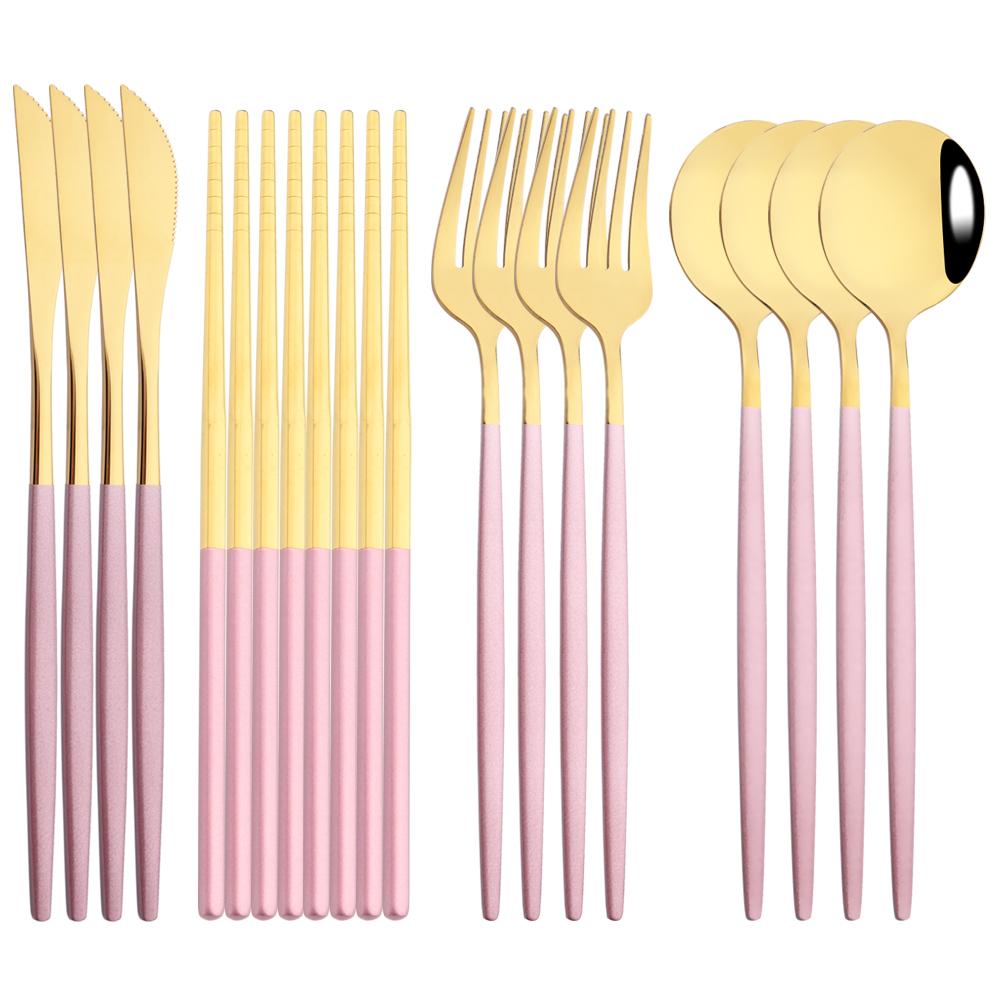 12-16Pcs Chopsticks Knife Fork Spoon Cutlery Set Green Gold Dinnerware Set Luxury Stainless Steel Flatware Korean Tableware Set