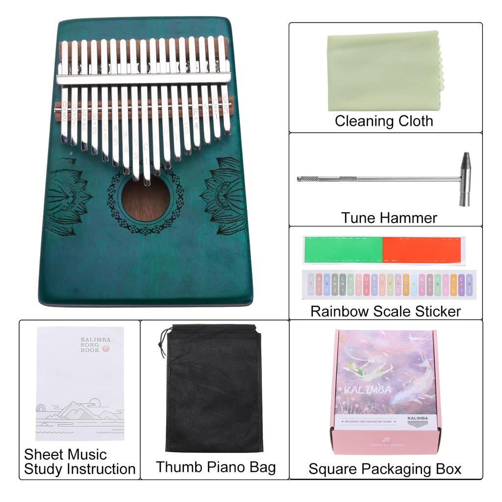 uxcell 17-Key Thumb Piano, Blue Mini Portable Finger Piano with Solid Koa Wood Floral Pattern, Tuning Hammer, Musical Notebook, Gift for Adults and