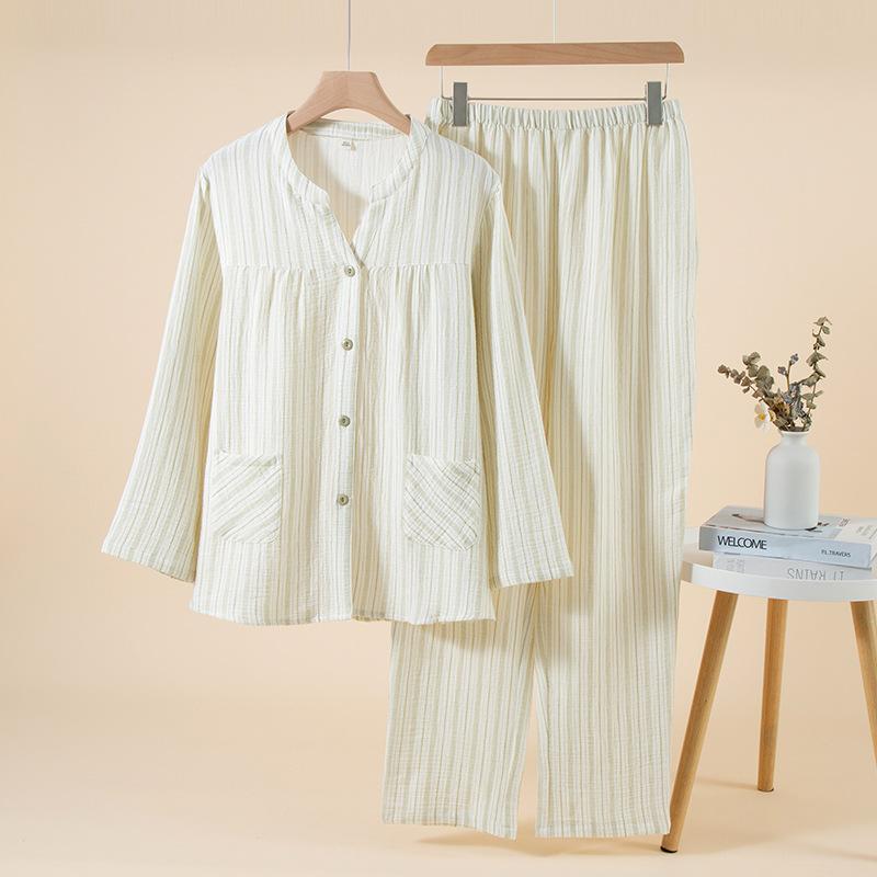 10 pure cotton double-layer gauze pleated texture couple long-sleeved pajamas loungewear plain and elegant leisurely set