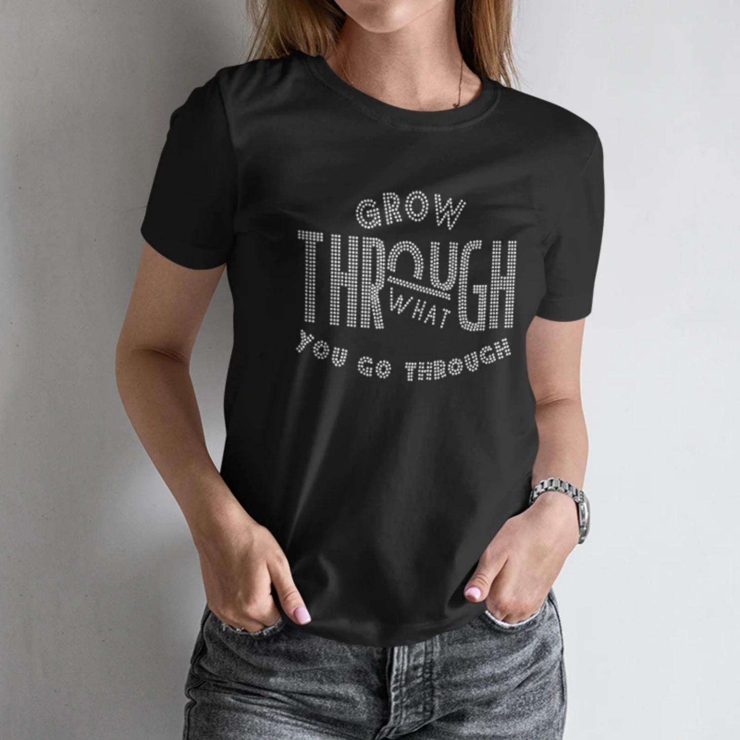 Empowering Summer Women’s Short Sleeve T Shirt “Grow Through What You Go Through” Sparkling Motif S чёрный