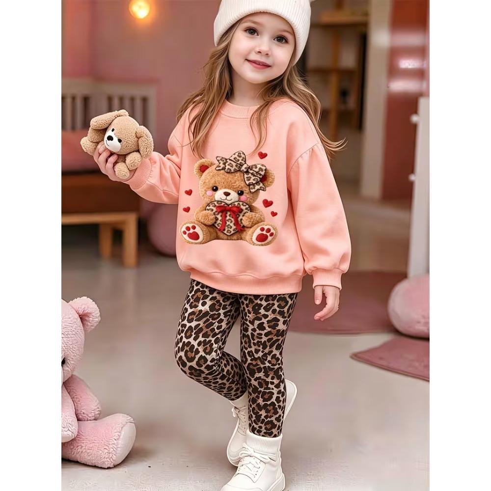 Girls' Bow Bear Casual Comfortable Soft Loose Pullover Sweatshirt and Leggings 2-Piece Set, New Autumn/Winter, Playful, Sweet and Cool Style