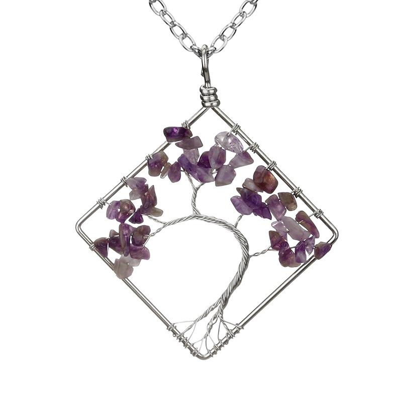 Wrapped Colorful Natural Stone Crystal Square Curved Tree Of Life Pendant Necklace N08 Fresh And Sweet