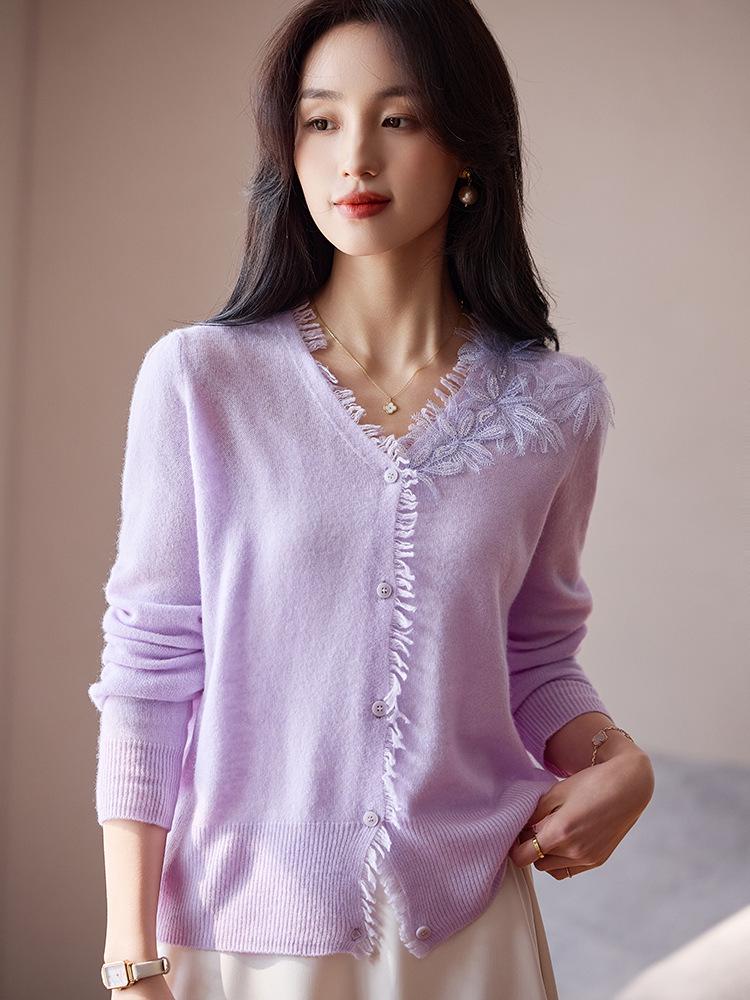 Women's 2025 Tassel Trim Wool Cardigan with French Lace Patchwork