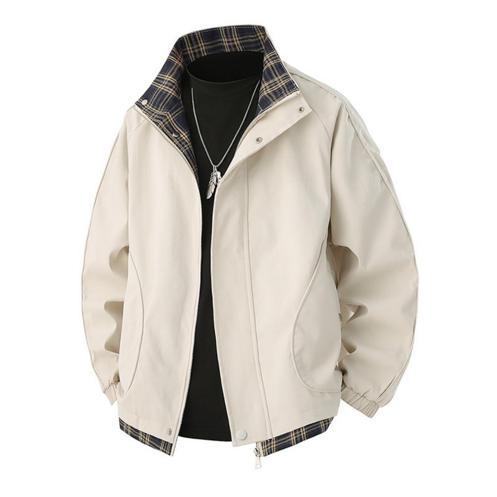 Men's Casual Checkered Patchwork Style Sports Jacket, Men's Loose Stand-up Collar Work Jacket