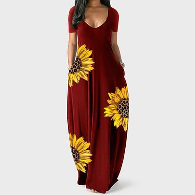 Damen Kurzarm V-Ausschnitt Sonnenblumenmuster Weites langes Kleid