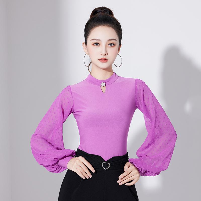 Salopetă modernă pentru damă, cu mâneci lantern, cu protecție pentru gât și guler înalt - îmbrăcăminte de dans standard național