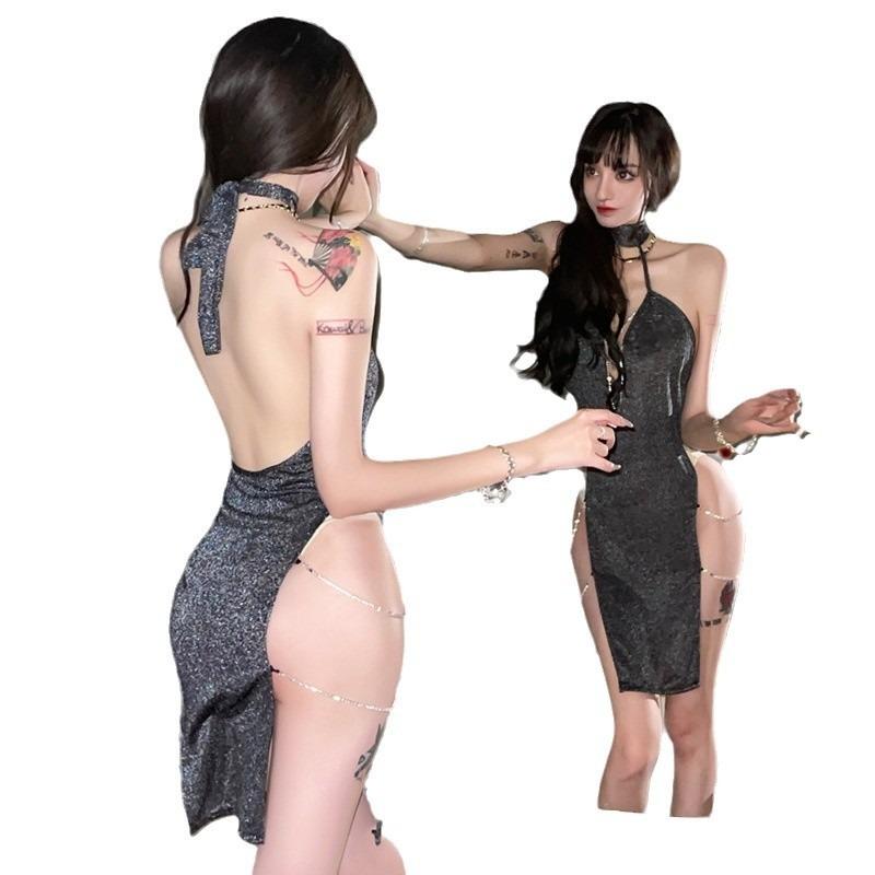 Smoke Sexy Underwear Pure Desire Sexy Big Halter Temptation Low Chest Split Fork High Waist Shiny Qn Uniform Dress