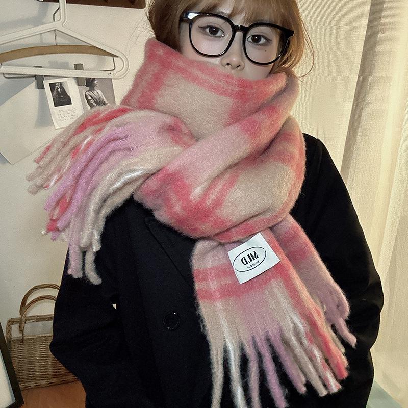 Luochi Women s Wool Plaid Tassel Scarf – Winter Warm, Thick Mohair, Oversized Neck Warmer, New Style