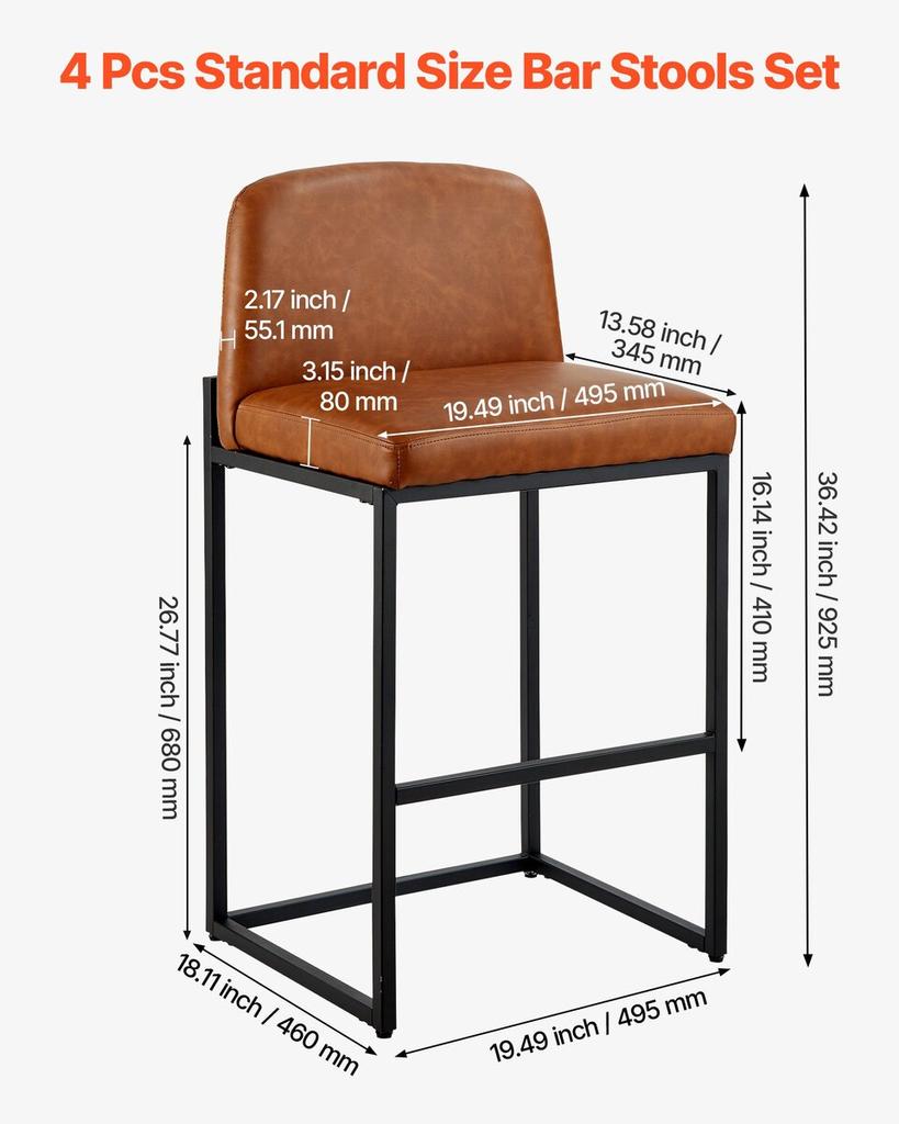 Bar Stool Set of 4, 68cm Counter Height Stools, Modern PU Leather Counter Barstool with Backrest, Metal Legs, Easy Assembly Armless Bar Chair, Island