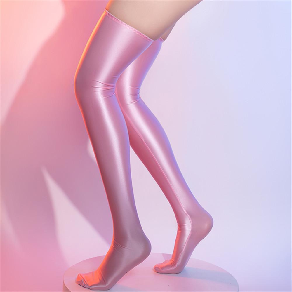 Women Stain Smooth High Stockings Oil Glossy Shiny Elastic Vintage Tight Shaping Stockings Overknee Dance Wear Candy Color