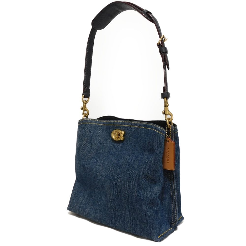 Used 9726 Willow Bucket Bag CA837 7921 C Mark Denim Pebble Calfskin 2-Way Crossbody Bag with C Logo Turn Lock, Blue,