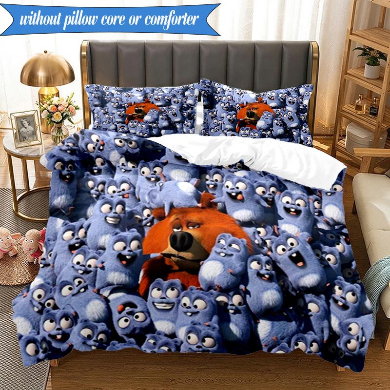 Bear And Blue Critter Adventure 3pcs K-pop music group Bedding set,Ideal for Bedroom, Dormitory,Including Duvet Cover And 2pcs Pillowcases,Fan gifts