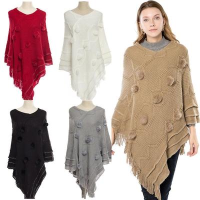 Günlük Moda Kadın Örgü Yarasa Kanadı Pelerin Püsküllü Panço Pelerin Bayan Kürk Toplu Kazak Dış Giyim