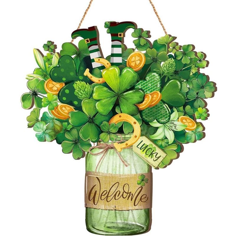 Shamrock Decoration For Patrick's Day Parties With Wooden Frame And Green Leaf Festival Spring Accessory