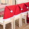Soft Plush Trim Chair Backs Christmas Cover, Red Santa Hat Dining Slipcover, Holiday Festive Home Kitchen Decor Back Cover with Pom for Xmas