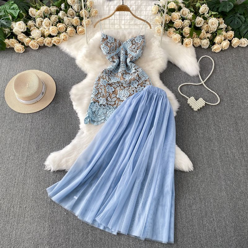 High-End Temperament Water Soluble Lace Sling Short Dress Two-piece Set High Waist Slimming Elegant Mesh Skirt