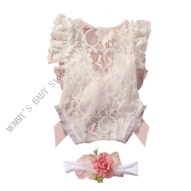 Set Body in Pizzo H3CD per Neonato con Fascia con Fiocco per Prime Foto ed Eventi, Adorabile Vestito per Bambina e Copricapo alla Moda