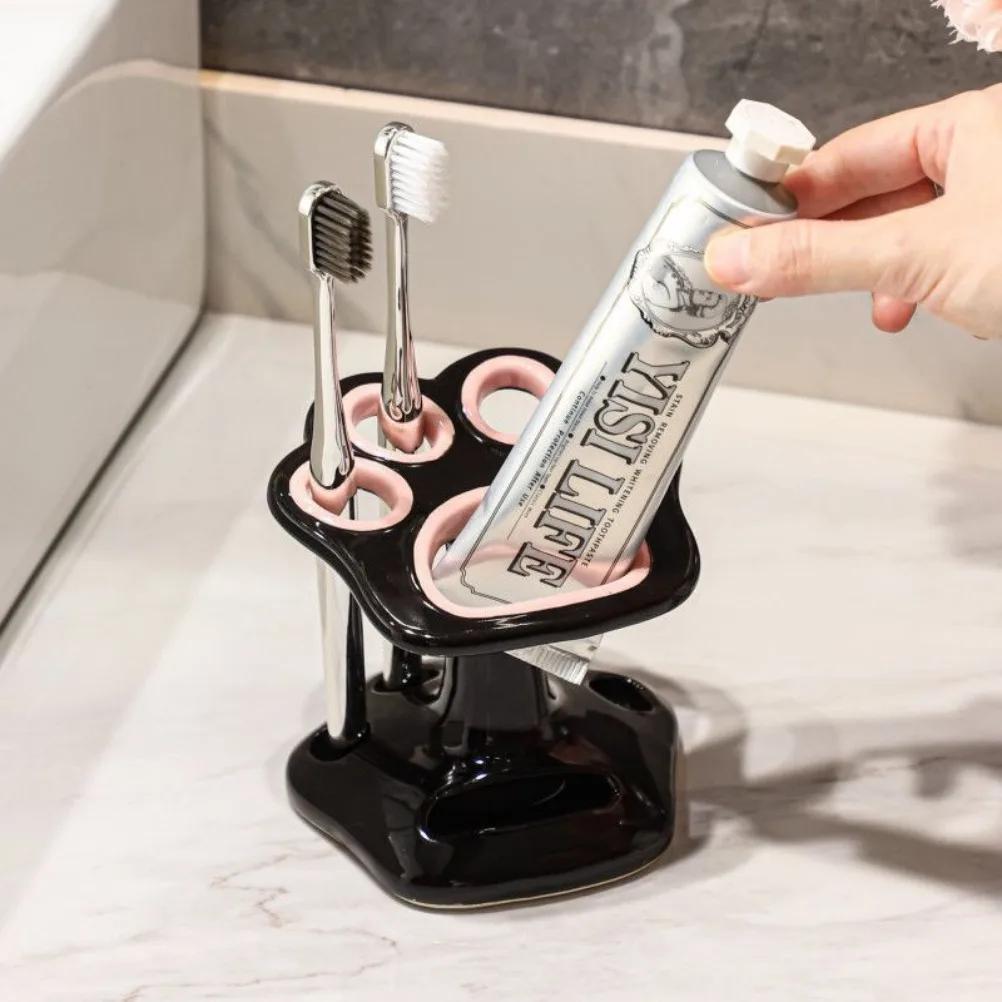 Cat Paw Shape Ceramic Toothbrush Holder Cute No Punching Toothbrush Holder Base Makeup Brush Storage Bathroom Accessories Tool