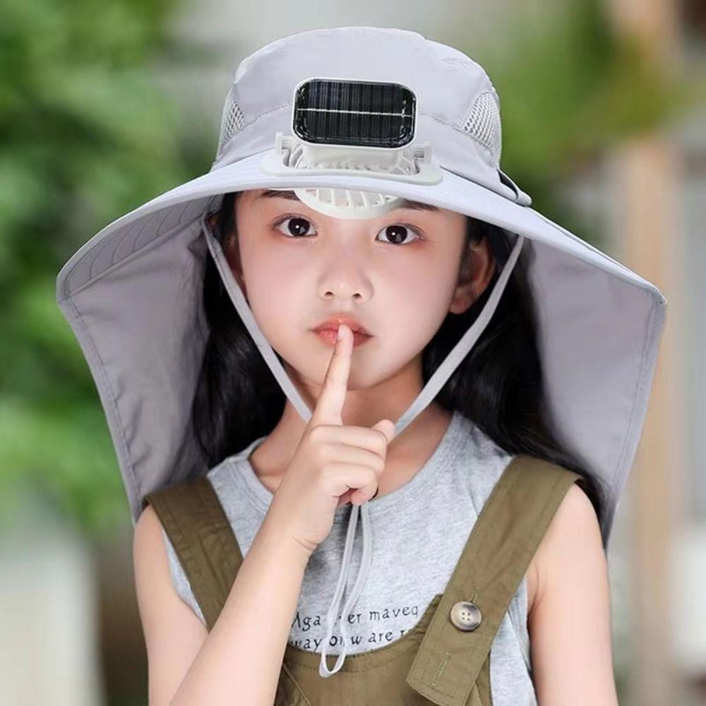 USB Charging Wide Brim Sun Cap Waterproof Sunshade Fan Cap Children's Solar Fan Hat  Hiking