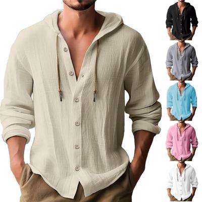 Men's Casual Hooded T-shirt Shirt Men's -colored Cotton And Linen Long-sleeved Button Top