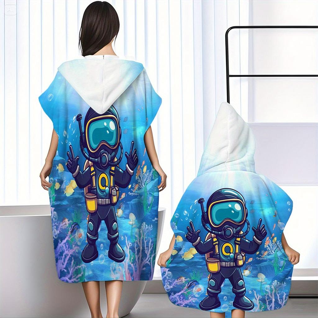 Deep Sea Diving Hooded Beach Towel Flat Print Microfiber Soft Poncho Bathrobe Quick Dry Swim Cape for Adult Kids Gift