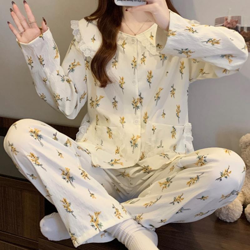 Romantic Flower Spring Cloud Cotton Long Sleeve Pajamas Women'S Doll Collar Set Comfortable Loungewear