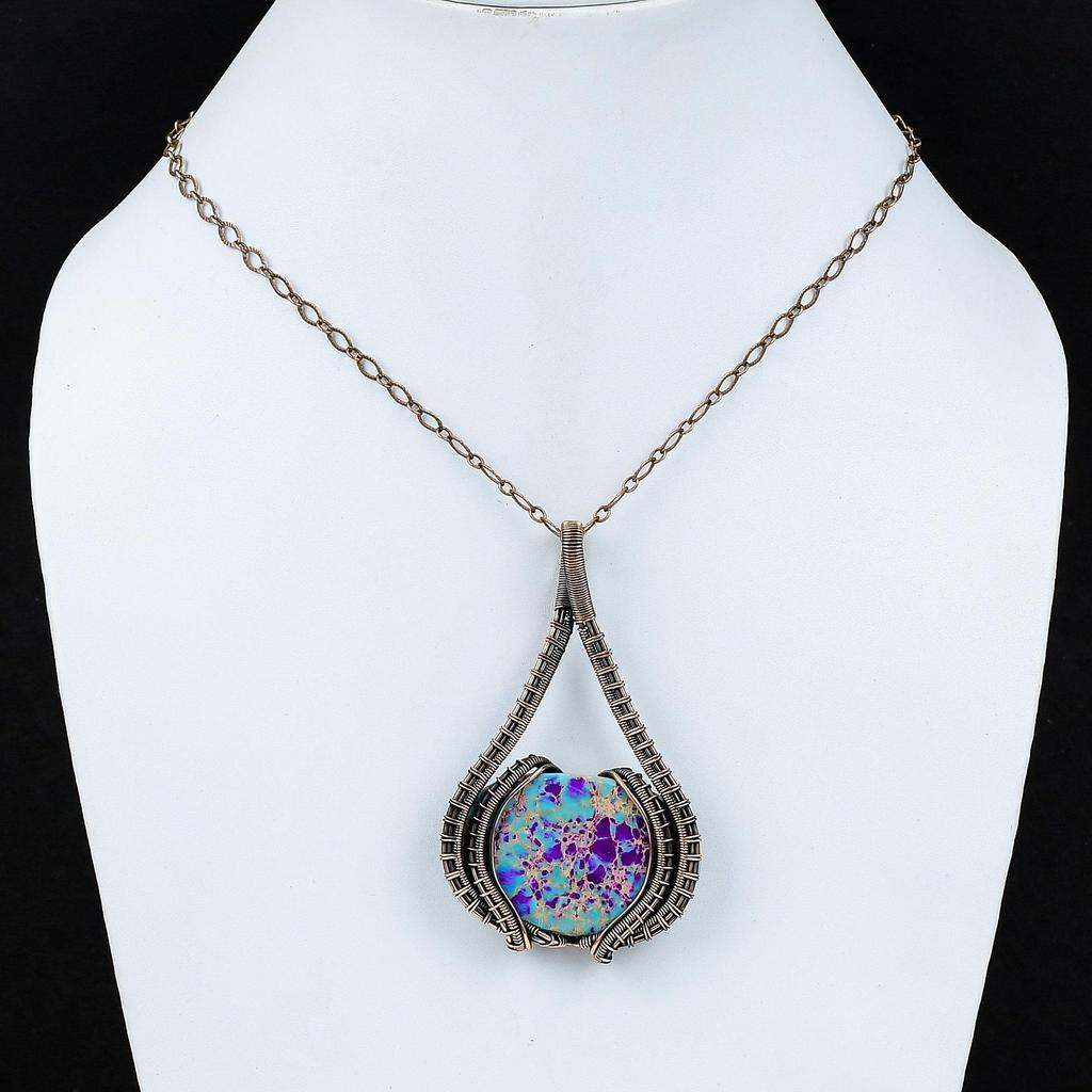 Blue Sea Sediment Gemstone Pure Copper Wire Wrapped Handmade Jewelry Pendant
