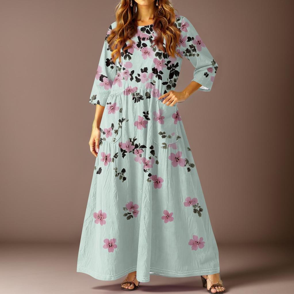 Women's Casual Fashion Floral Print Three-quarter Sleeve Long Dress With Pockets