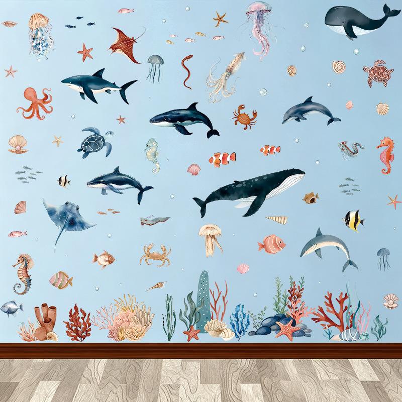 Underwater World Animal Wall Sticker Summer Ocean Small Fresh Whale Jellyfish Bathroom Children's Room Self-adhesive Pvc Sticker