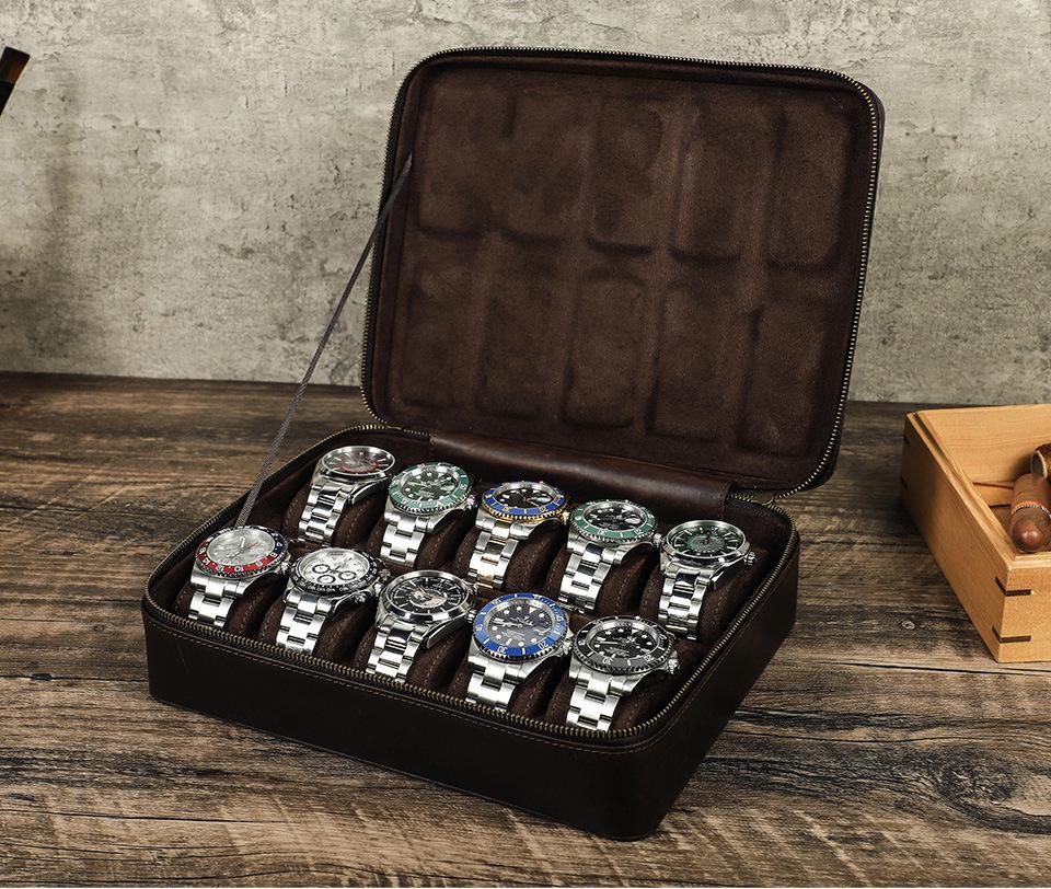Retro Crazy Horse Cowhide Leather Watch Box - 10-Slot Handcrafted Storage for Wristwatches