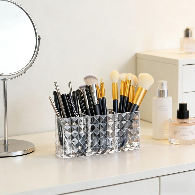 Cosmetics Storage Box Three Grid Pen Holder Transparent Acrylic Organizer for Eyebrow Pencil Makeup Brush Desktop Vanity Storage