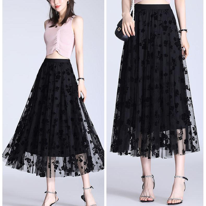 Mesh Floral Skirt Women's Spring/Summer High Waist Mid-Length A-Line Pleated Skirt