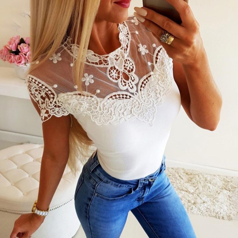 Summer Women Short Sleeve Lace Seethrough Top Fashion Frilled Hollow Top Out