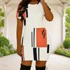 Women Plus Size Round Neck Short Sleeve White Orange Black Geometric Printed Fitted Mini Dress