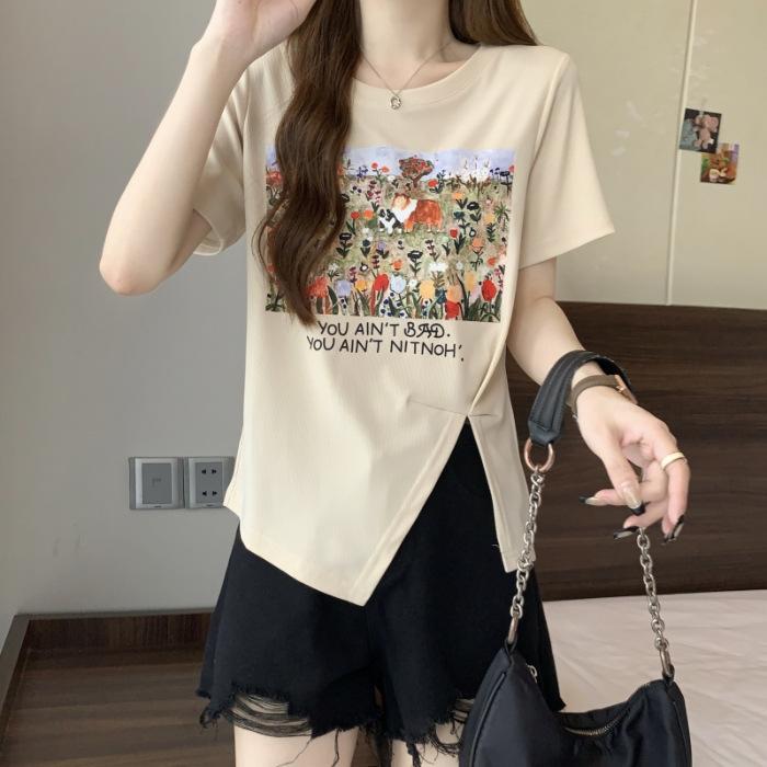 

Человеческий хлопок 2 * 2 2025 летняя печать футболка с коротким рукавом женский дизайн чувство свободная ниша S абрикосовый