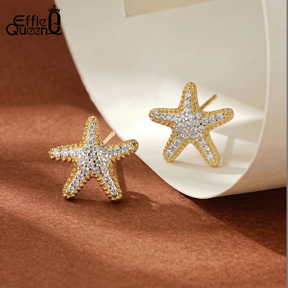 Effie Queen 925 Sterling Silver Fashion Inlaid Zircon Starfish Earrings Cute Star Earrings Stud Ocean Party Jewelry Gift APE154