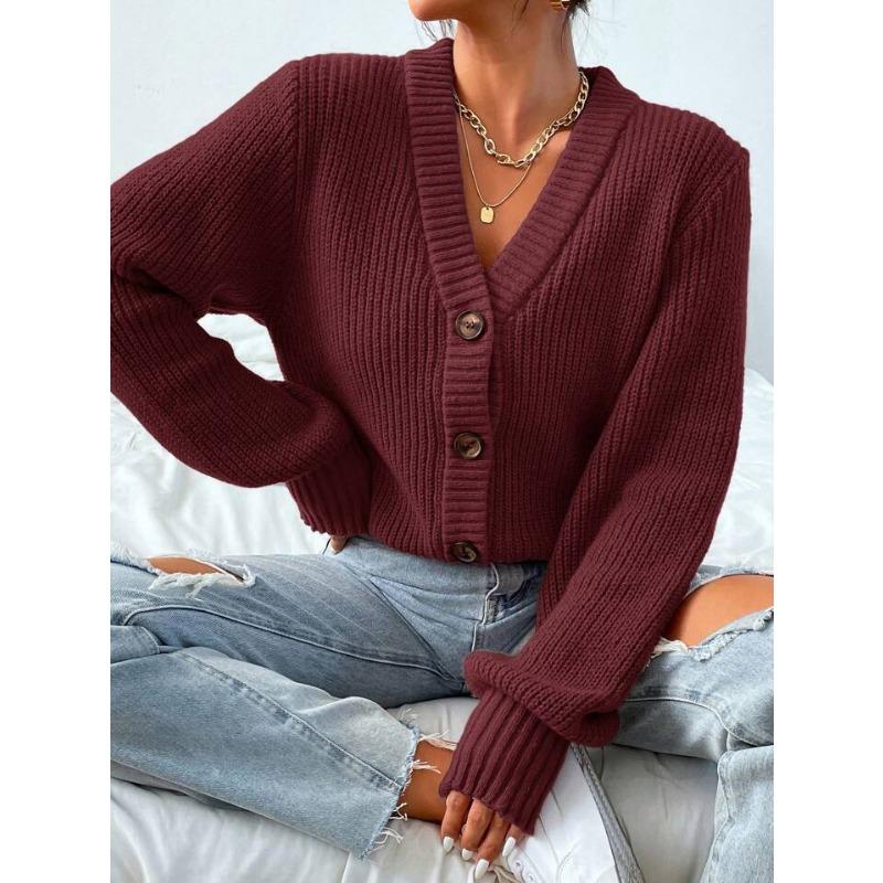 Women S Long Sleeve V Neck Single Breasted Knit Cardigan Solid Color Loose Fit Casual Outerwear