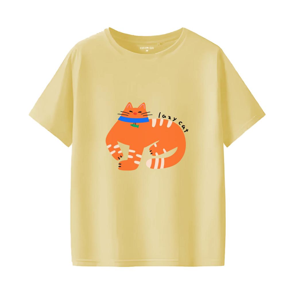 Cartoon-orange Katze bedrucktes kurzärmeliges Rundhals-Damen-T-Shirt für Frühling und Sommer vielseitiges Damen-T-Shirt