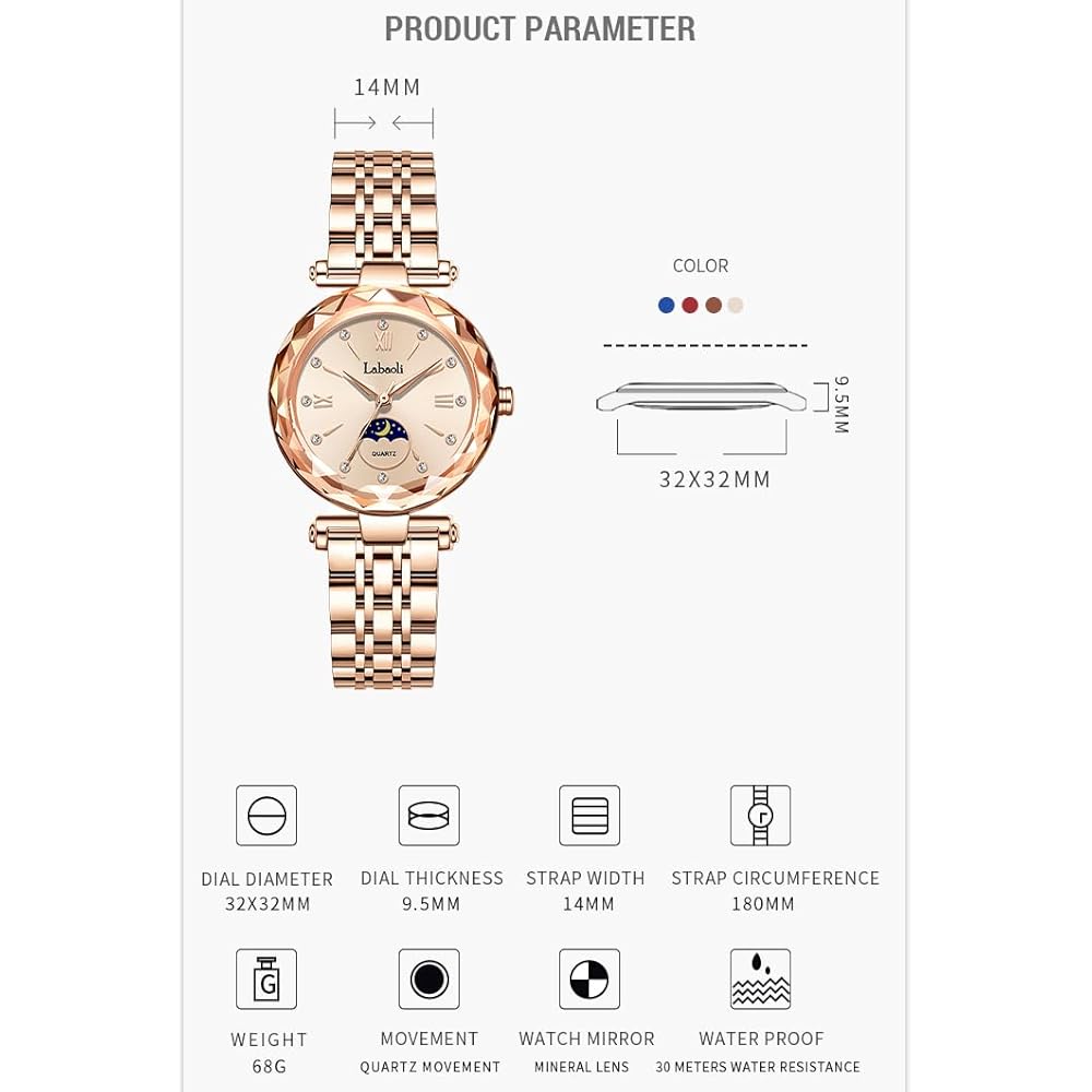 Rose Gold Women's Watch with Crystal, Waterproof, Stainless Steel, Business Style