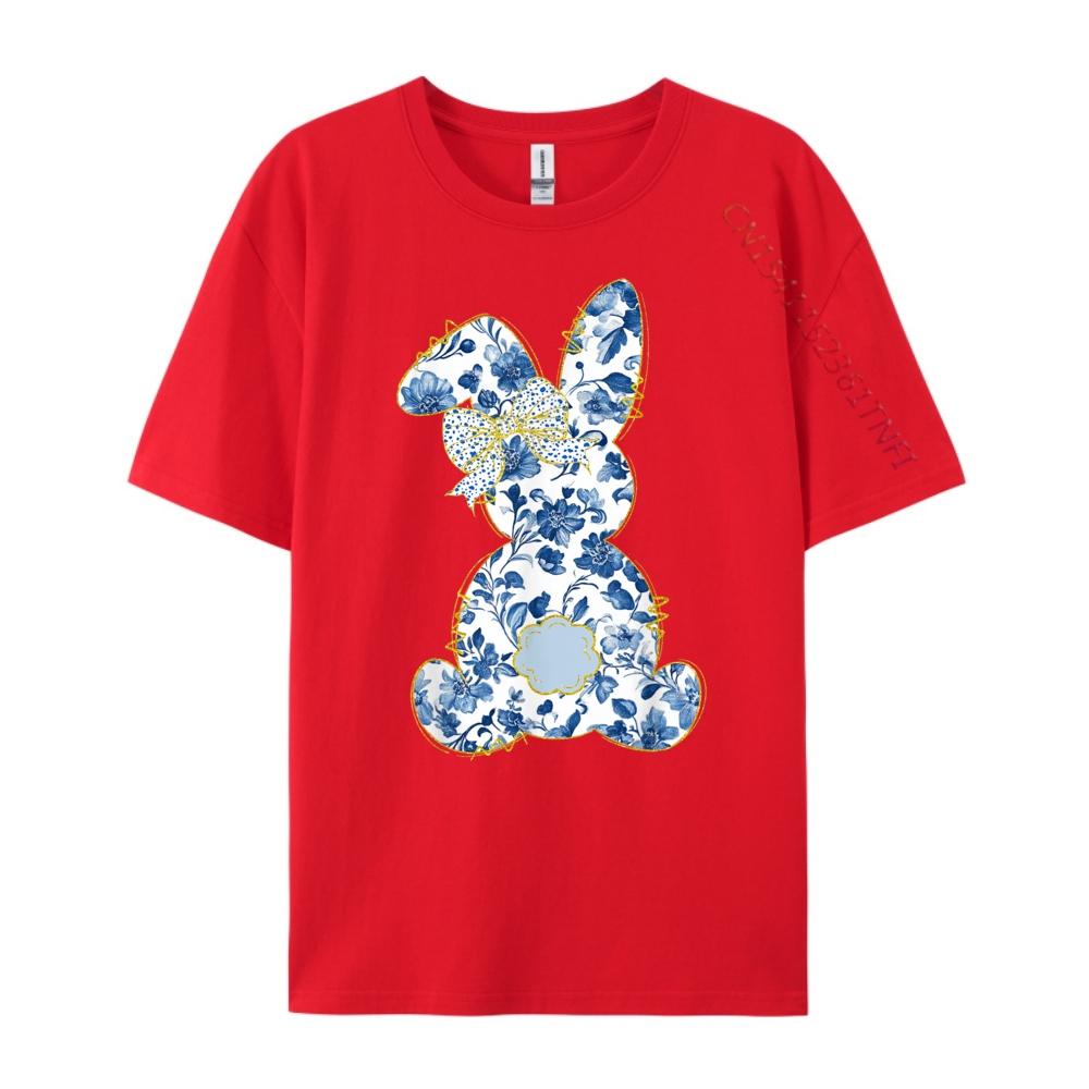 Cute Easter Toile Chinoiserie Blue Floral Bunny Coquette Bow Graphic Tee Cotton High Quality Mens TShirt Big Size Vegan S