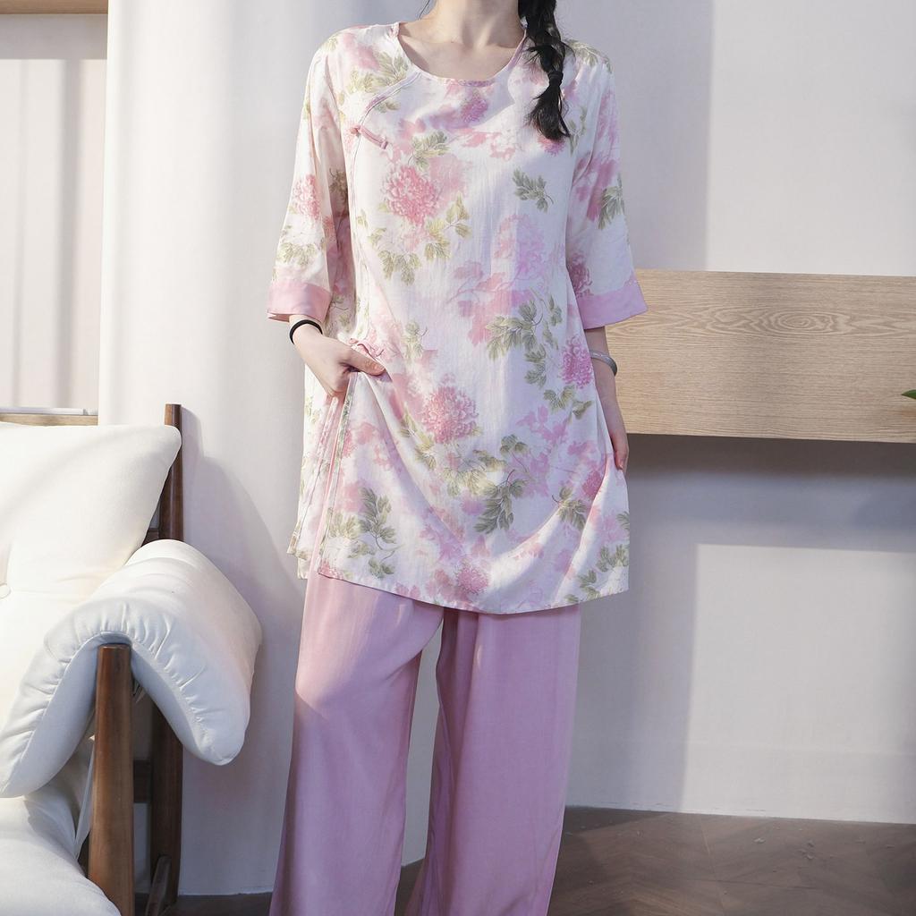 New Chinese national style cotton and silk pajamas women's spring and summer medium-sleeved wide-leg pants can be worn outside loungewear high-end