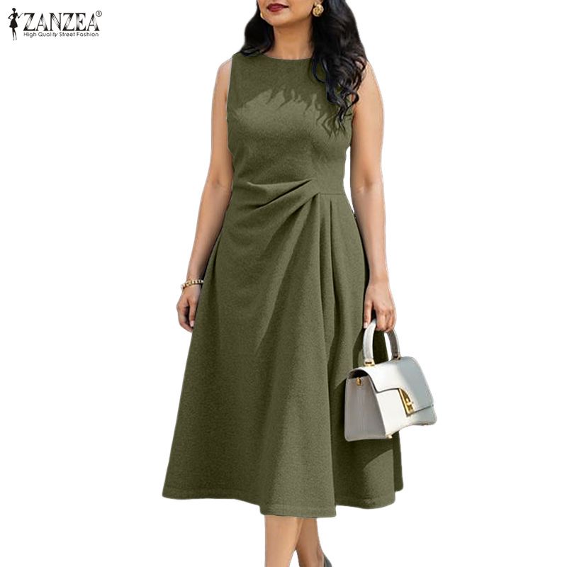 ZANZEA Women Casual Round Neck Solid Color Summer Sleeveless Dress
