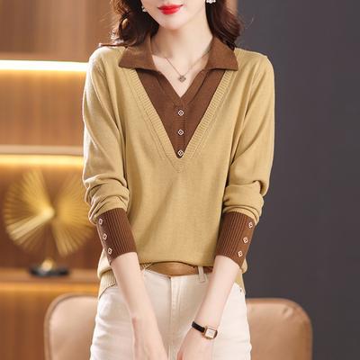 Women Long Sleeve Knitted Sweater Solid Lapel Faux Two Pieces Pullover Top Fashion Design Basic Shirt Sweaters