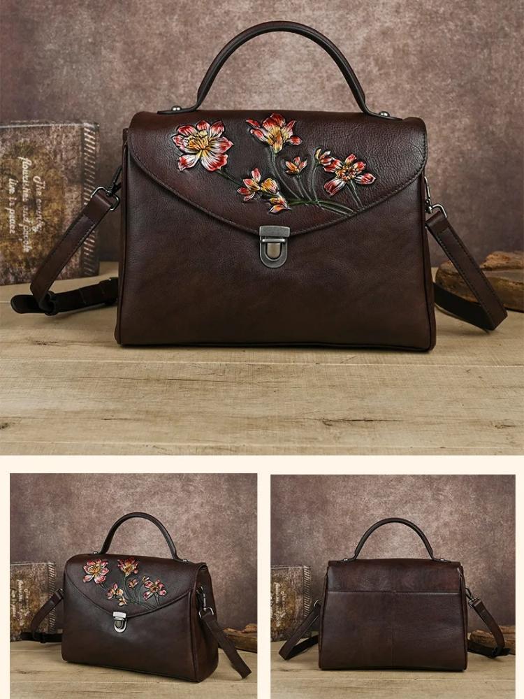 Johnature Chinese Style Genuine Leather Retro Embossed Women's Handbag With Large Capacity Shoulder Crossbody Bag