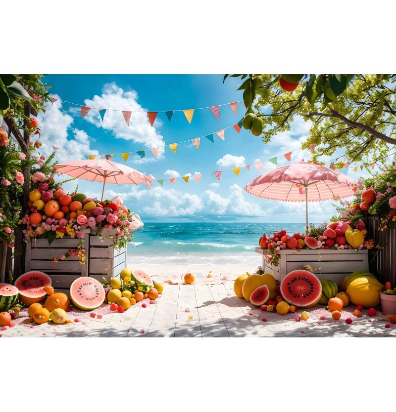 Summer Seaside Party Backdrops For Photography Tent Fruits Beach Palm Trees Holiday Camping Party Background Decor Photo Studio