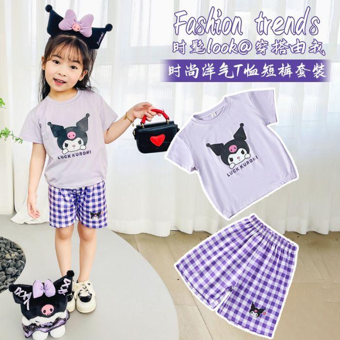 Girls Summer Fashion Plaid Shorts with Cute Cartoon Print Short Sleeve Set