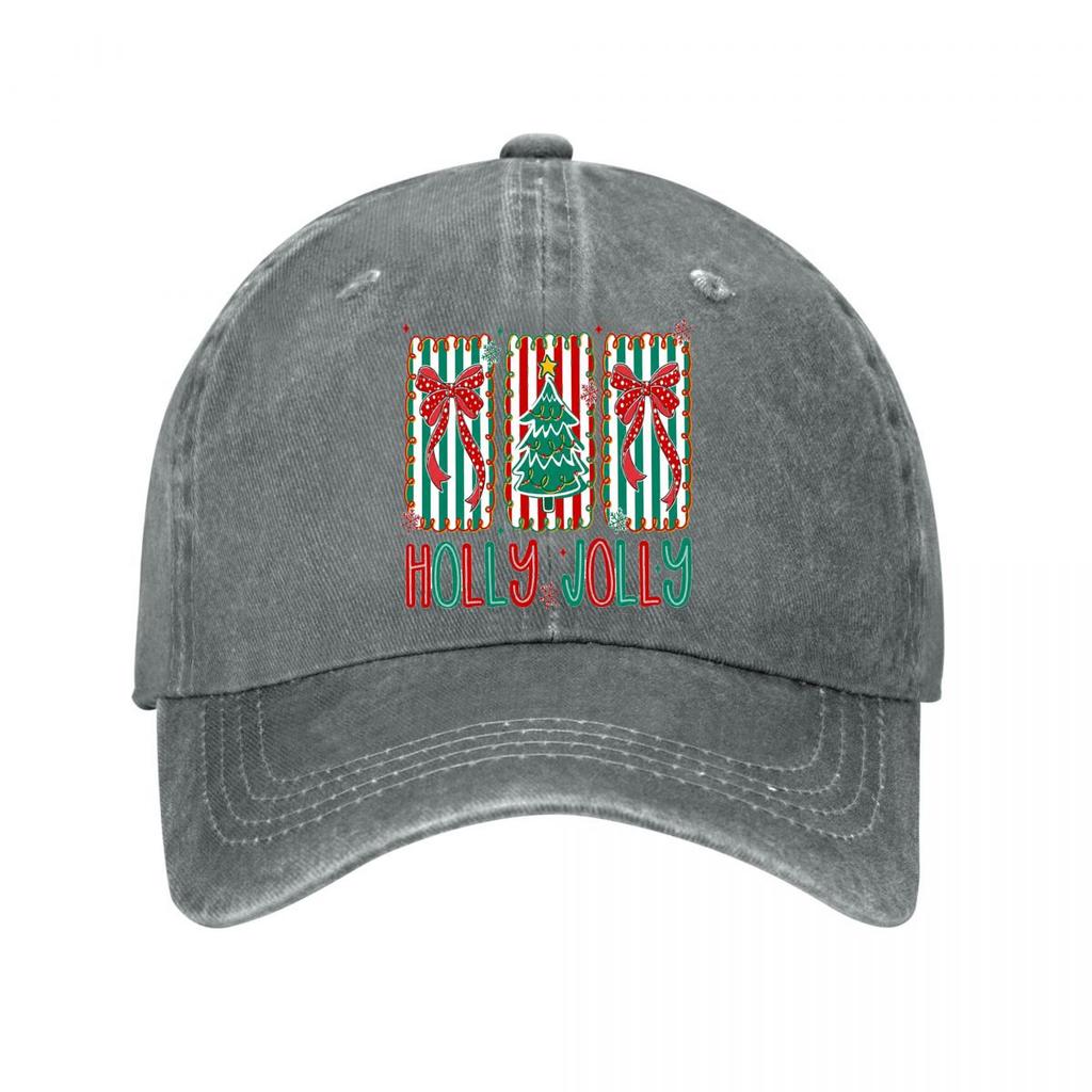 Holly Jolly Christmas Tree Bow Striped Decor Washed Baseball Cap Outdoor For Womens Unisex FeUnisex
