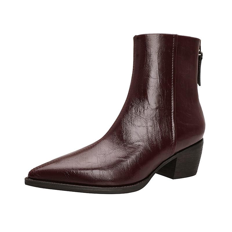 Pointed Thick Heel Short Boots Women's 2025 New Autumn and Winter Women's Shoes French Soft Leather Medium Heel Thin Boots Women's Medium Boots