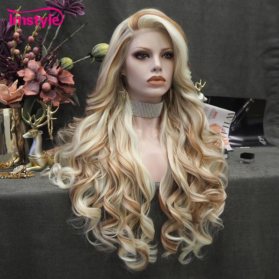 Imstyle Blonde Brown Wig Synthetic Lace Front Wig Long Wavy Wigs For Women Heat Resistant Fiber Hair Daily  Mixed Color Wig