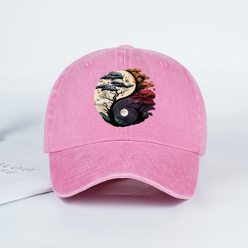 

2026 New Washed Baseball Cap with Tai Chi Print Design – Unisex Retro Adjustable Dad Cap for Sun Protection, Outdoor, and Street розовый